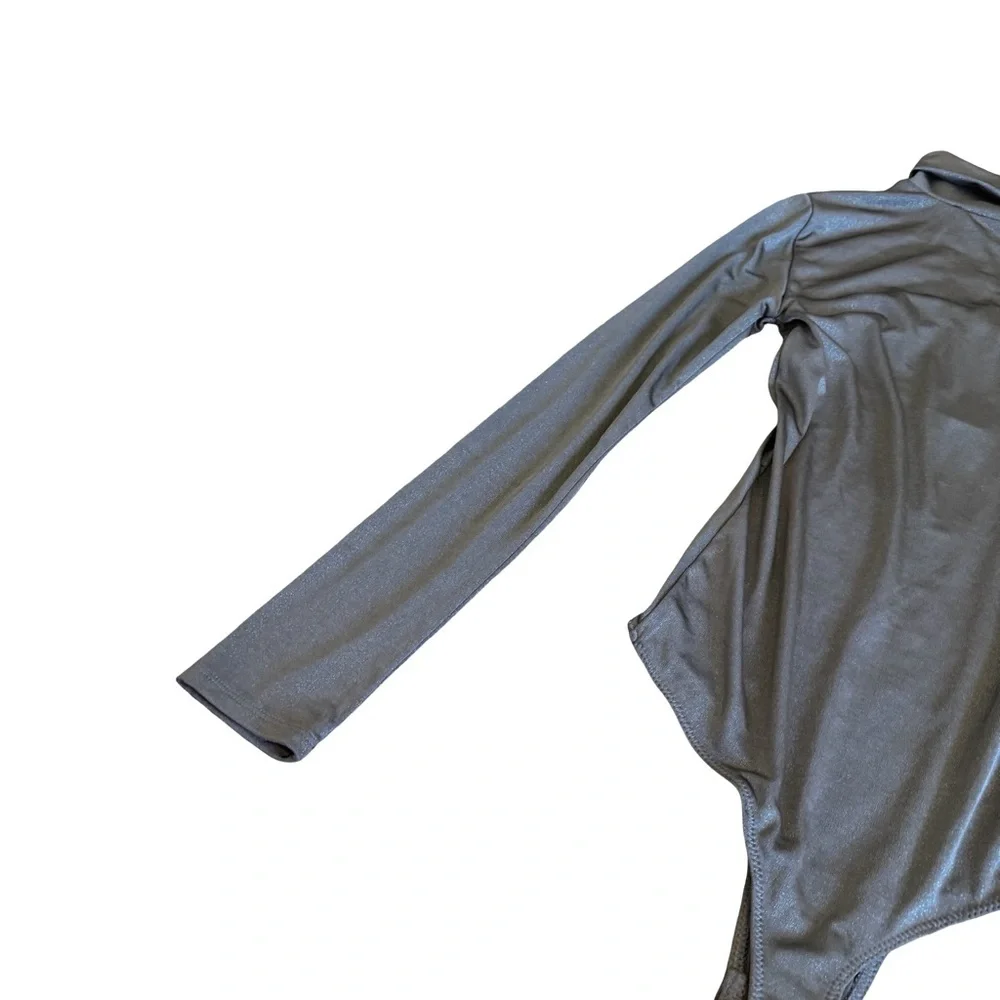 BCBGMaxAzria Turtleneck Bodysuit Shimmer Stretch Grey Long Sleeve Stretch XS NWT - Picture 10 of 15
